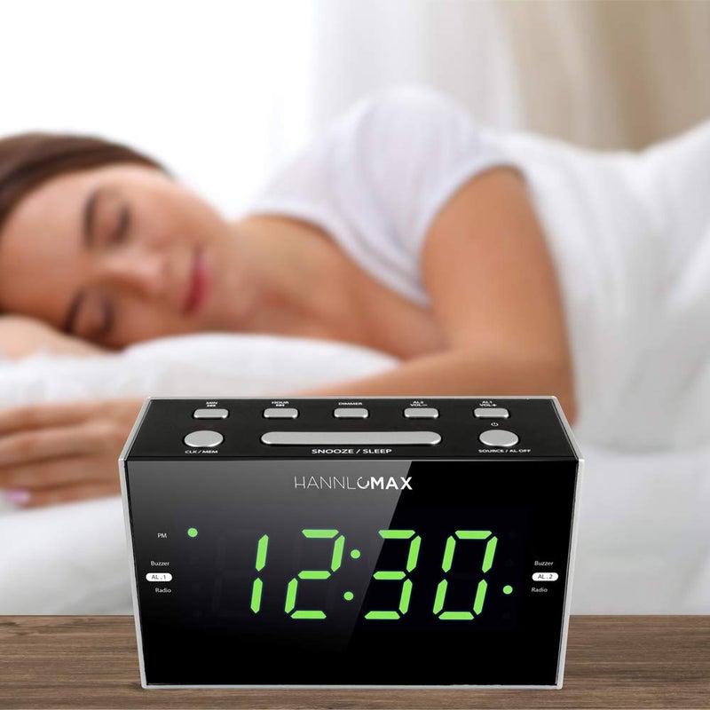 HANNLOMAX ساعة منبه راديو HANNLOMAX HX-122CR، راديو PLL FM، منبه مزدوج، شاشة LED خضراء بحجم 1.2 بوصة، منفذ USB لشحن 1A، تعمل بالطاقة الكهربائية فقط. - Image 3